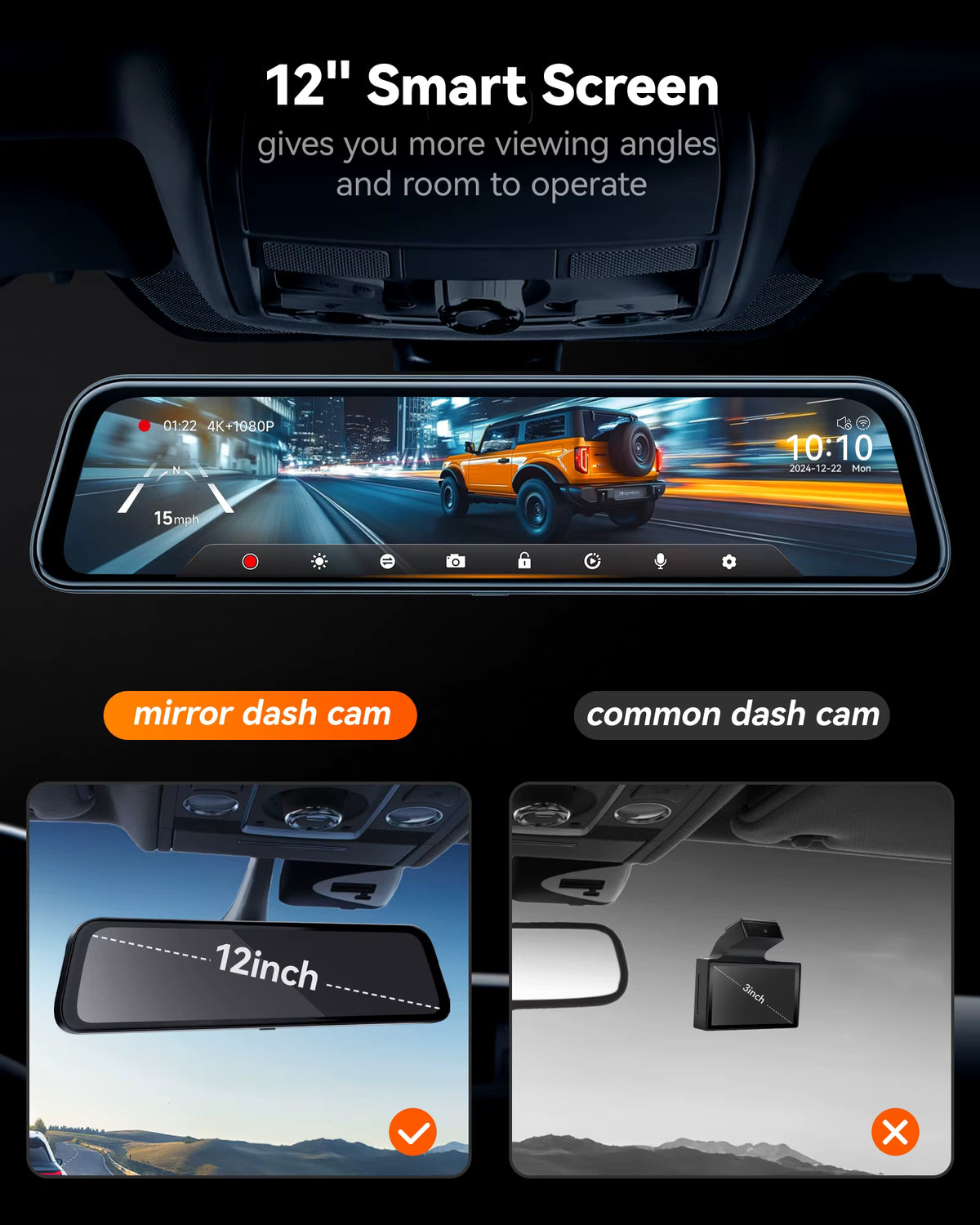 Wolfbox G840S 12-inch smart screen streaming rearview display interface