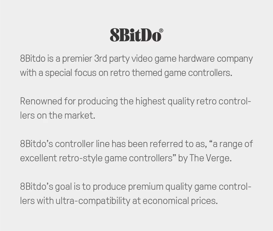 A light gray promotional graphic with the 8BitDo logo at the top and four paragraphs of dark gray text describing the brand and its focus on retro game controllers.