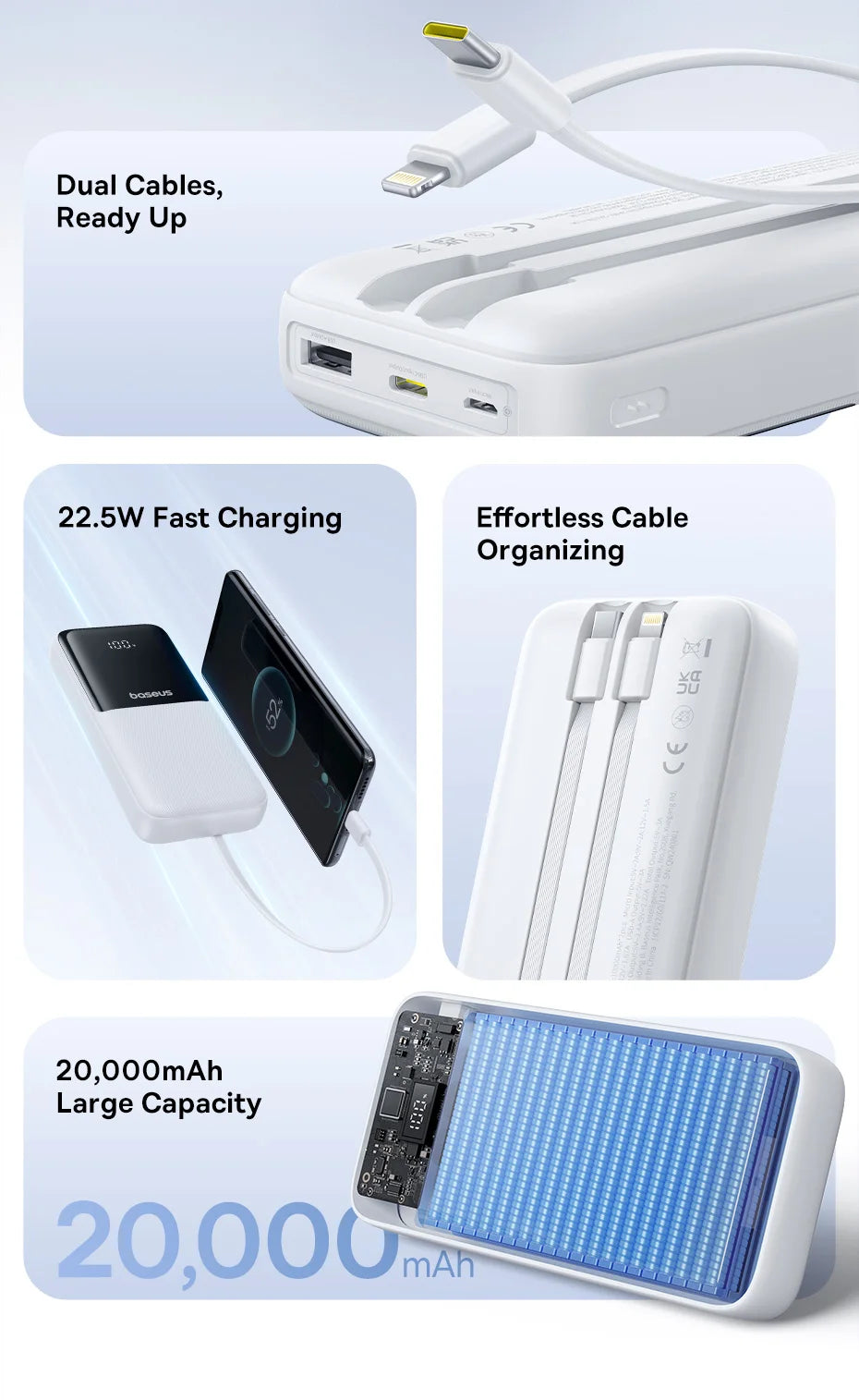 Power bank with dual cables, fast charging, and large capacity on a light blue background