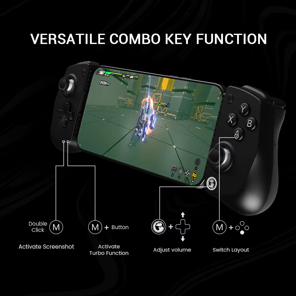 Gaming device with screen displaying a game and control layout on a black background