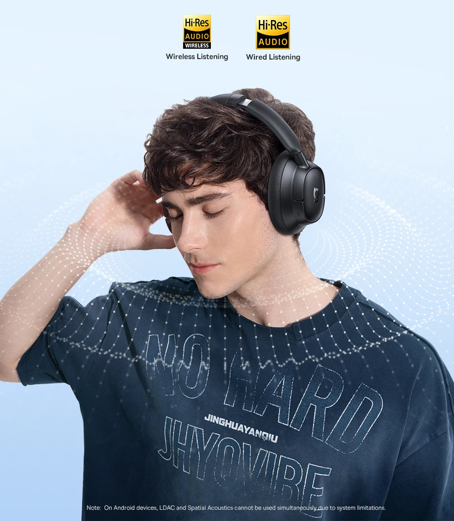 Person wearing black headphones with 'Hi-Res Audio' branding on a light blue background
