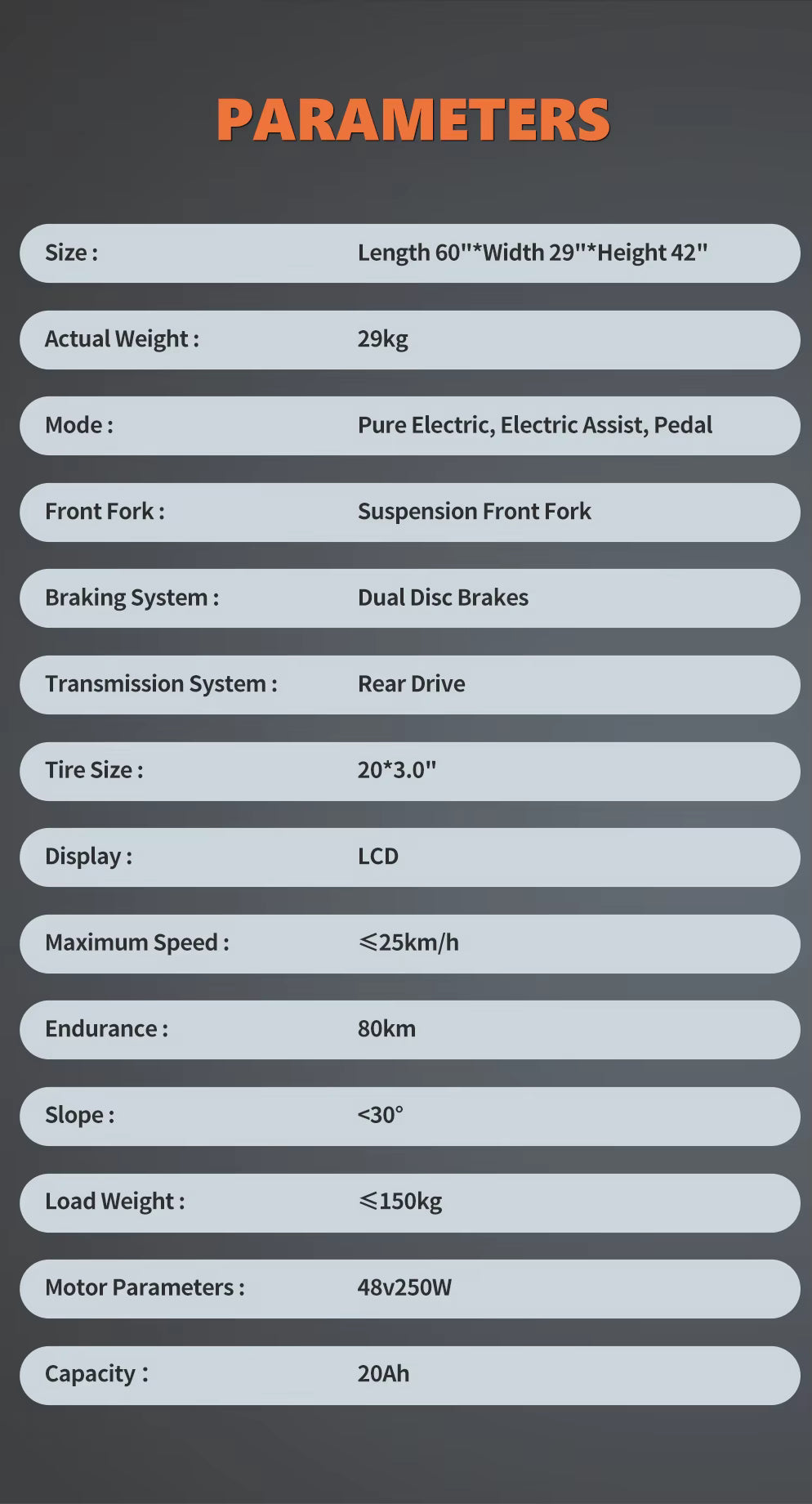 Technical specifications of an electric bike displayed on a dark background