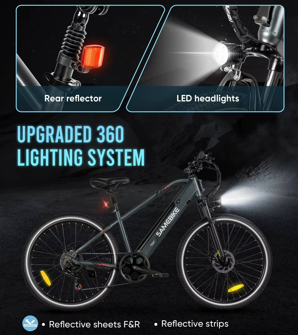 SAMEBIKE RS-A01 MEN E-Bike with upgraded 360 lighting system featuring rear reflector and LED headlights on a dark background.