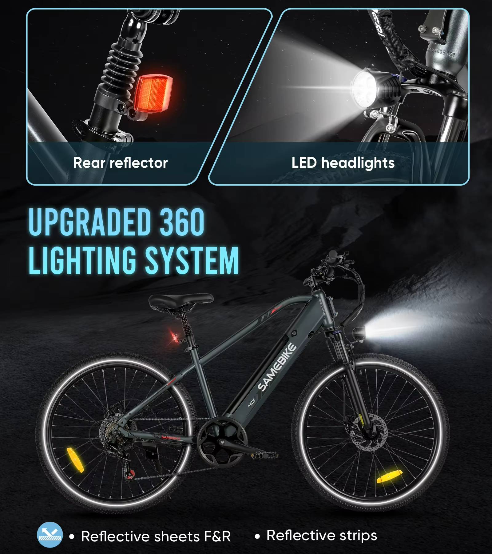 SAMEBIKE RS-A01 MEN E-Bike with upgraded 360 lighting system featuring rear reflector and LED headlights on a dark background.