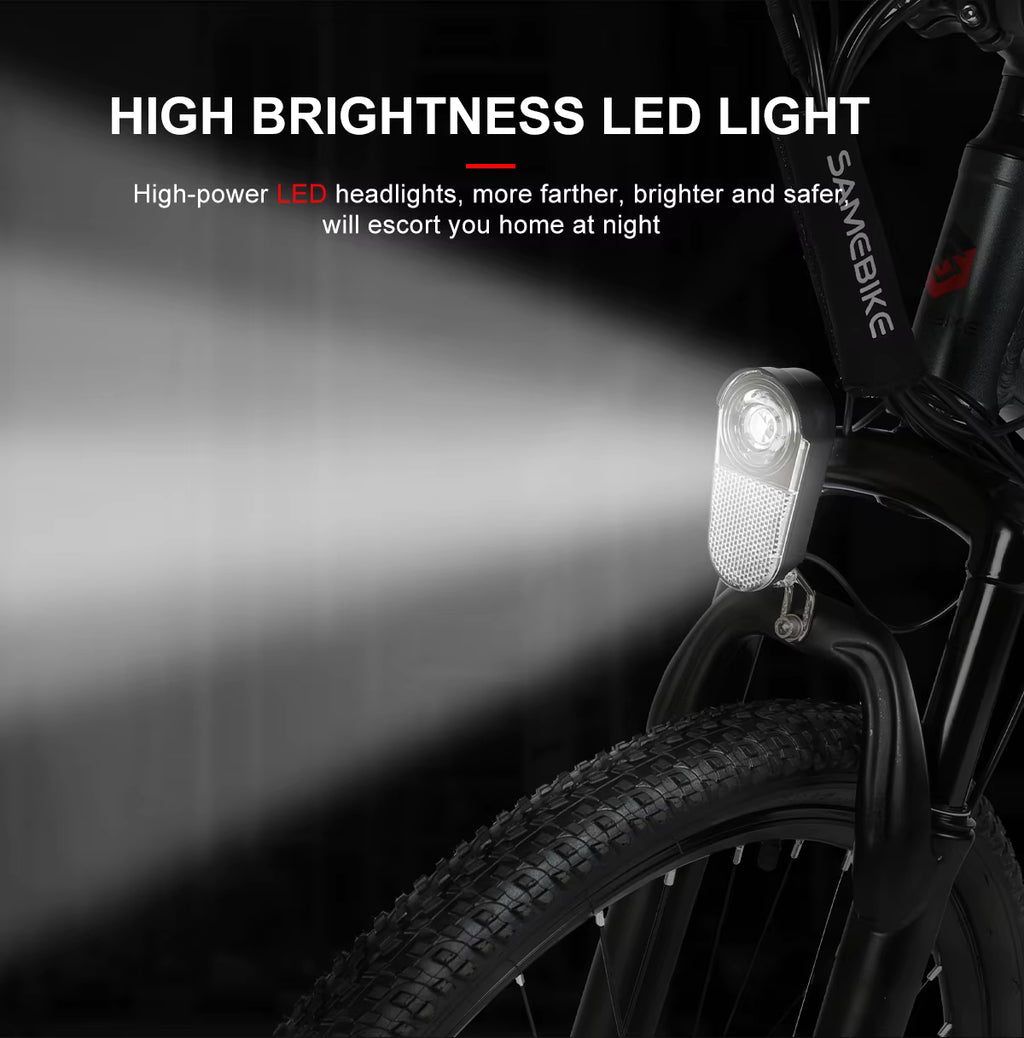 Bicycle headlight with 'High Brightness LED Light' text on a dark background