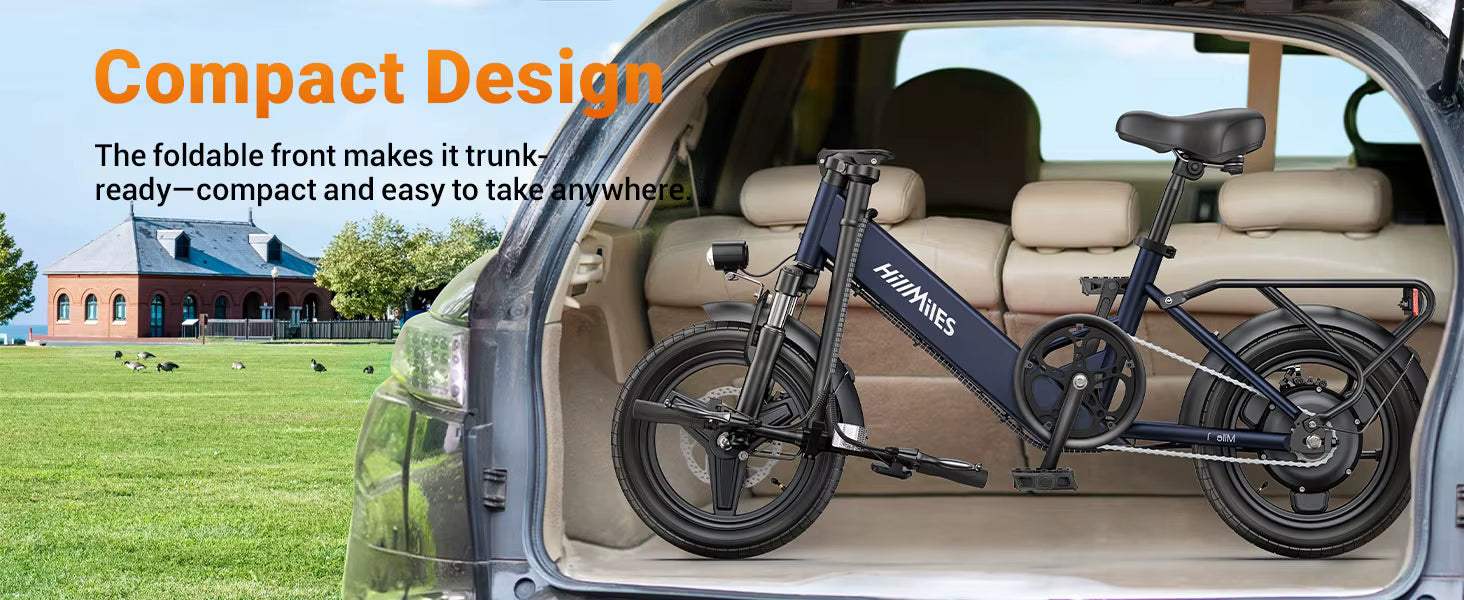 Foldable electric bike in a car trunk with scenic background and txt stating its compact design