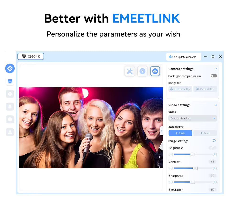 EMEETLINK software interface diagram demonstrating customizable camera video settings and parameters for EMEET C960 4K webcam