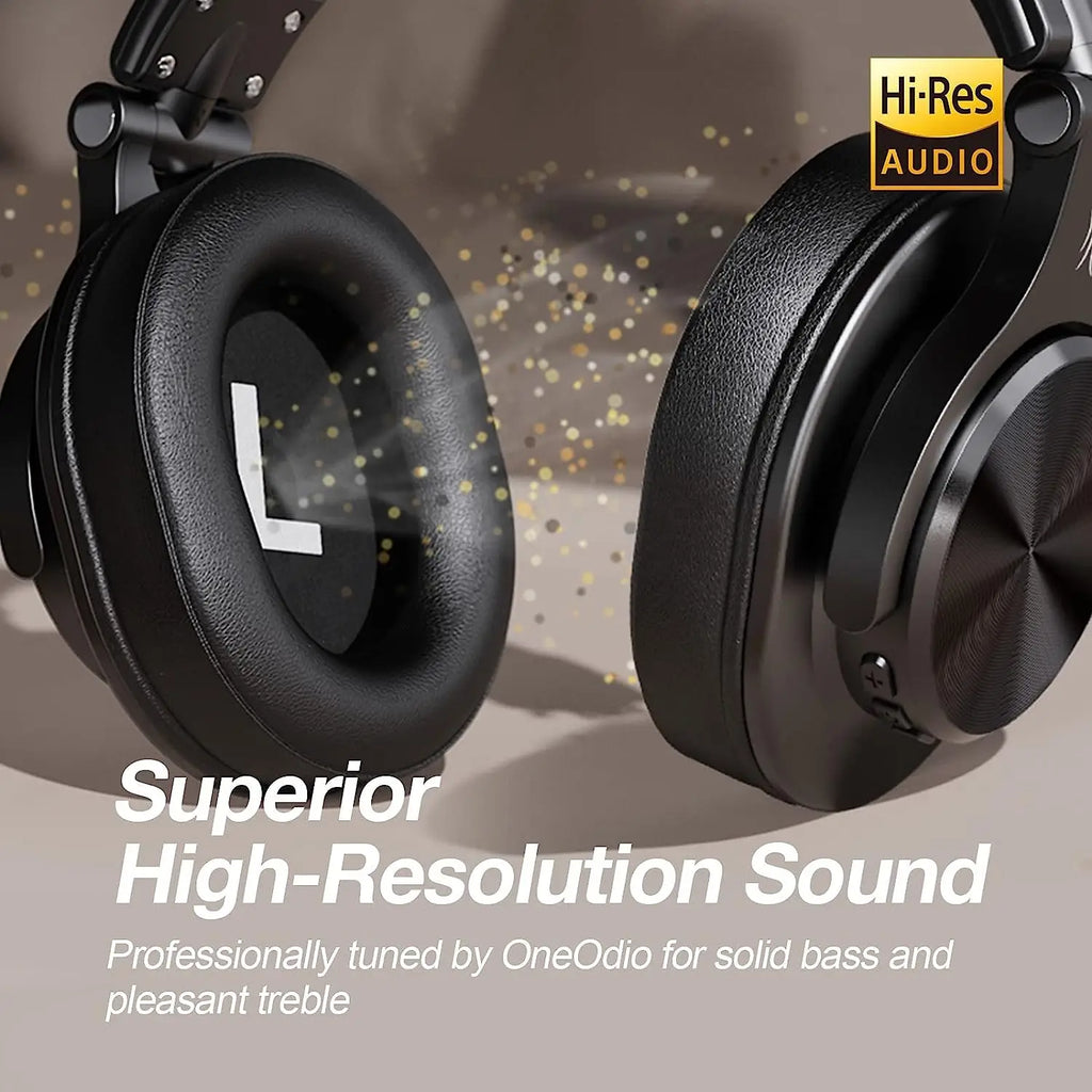 OneOdio Fusion A70 black wireless DJ headphones featuring plush over-ear cushions, swiveling earcups 