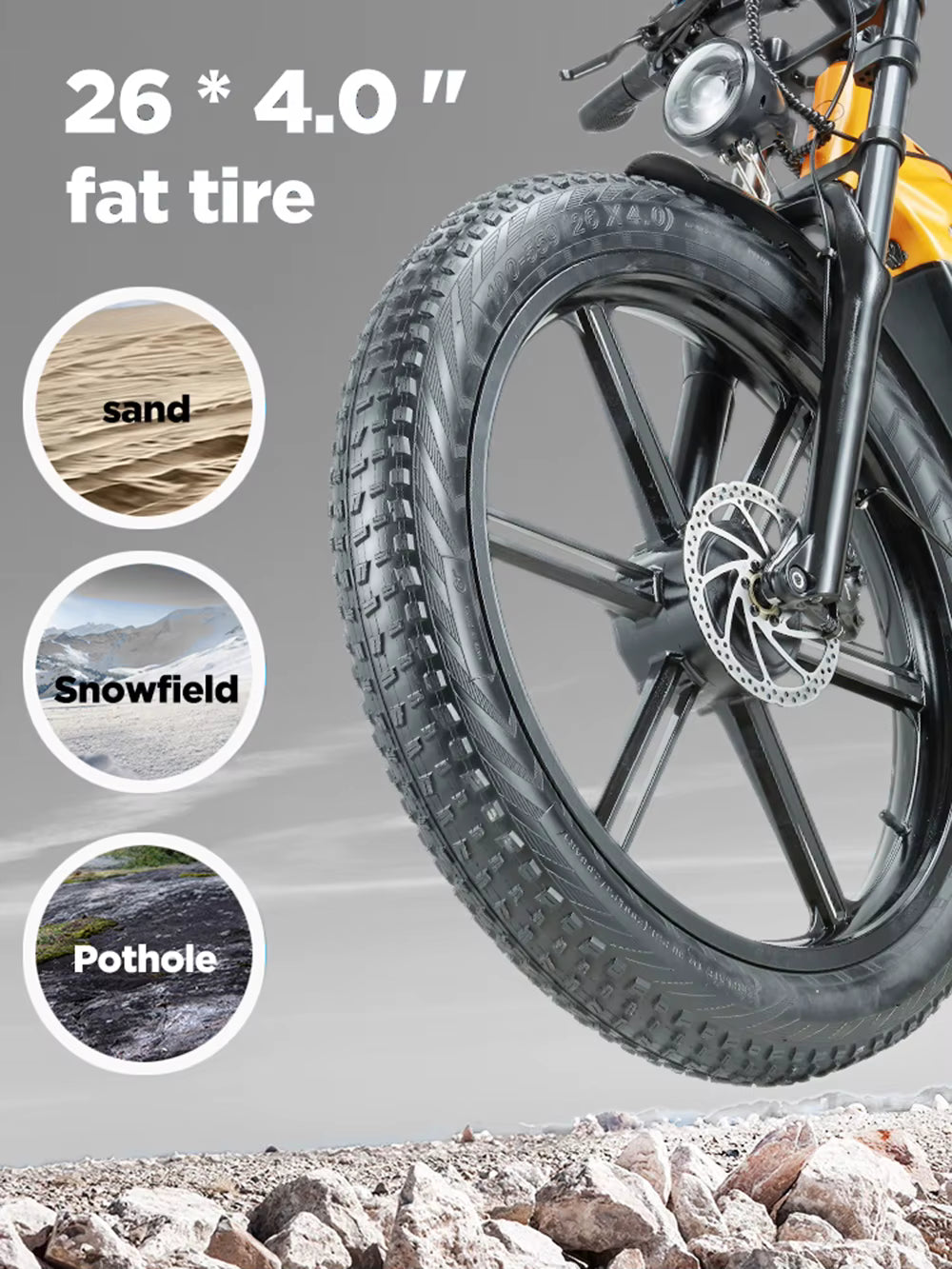 RANDRIDE YX80 e-bike wheel with 26 x 4.0 fat tire on a rocky surface, showing tire performance in sand, snowfield, and pothole conditions.