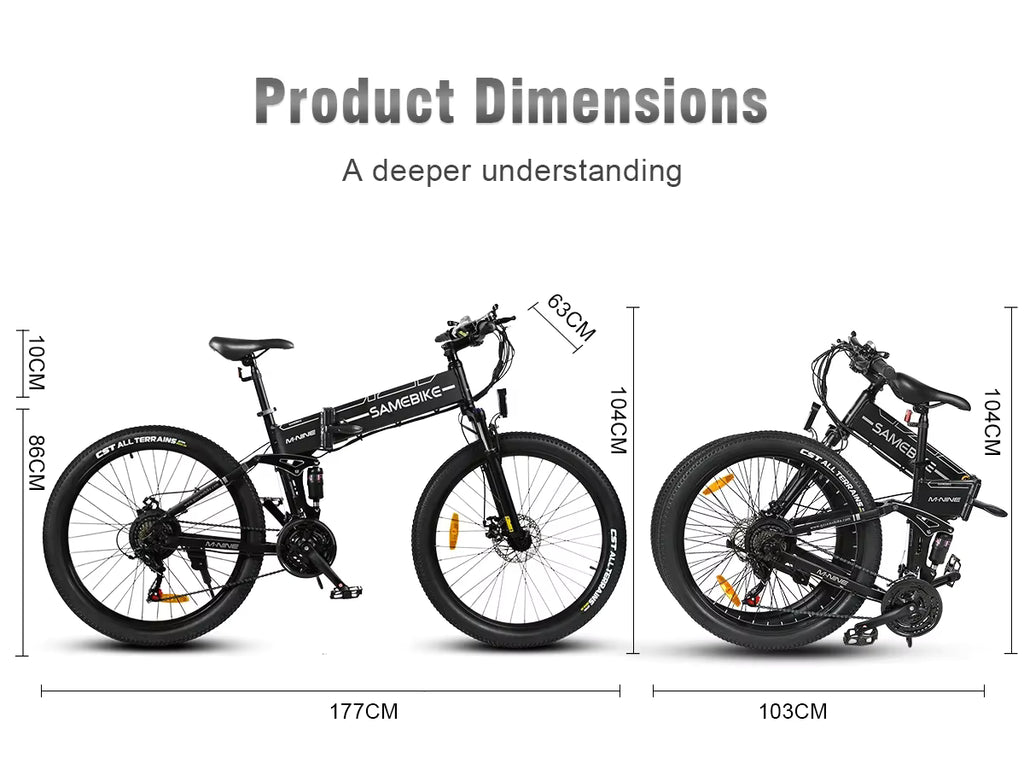 Product dimensions of an e-bike opened and folded shown on a white background