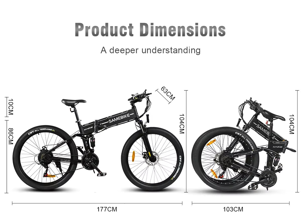 Product dimensions of an e-bike opened and folded shown on a white background