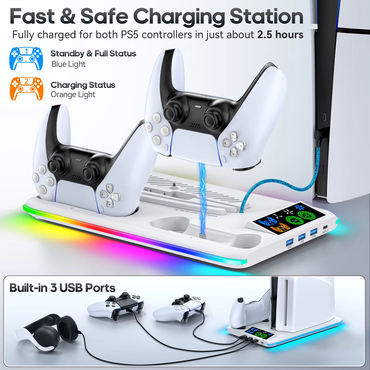 Dual PS5 DualSense controllers charging on vertical dock with built-in LED status indicators