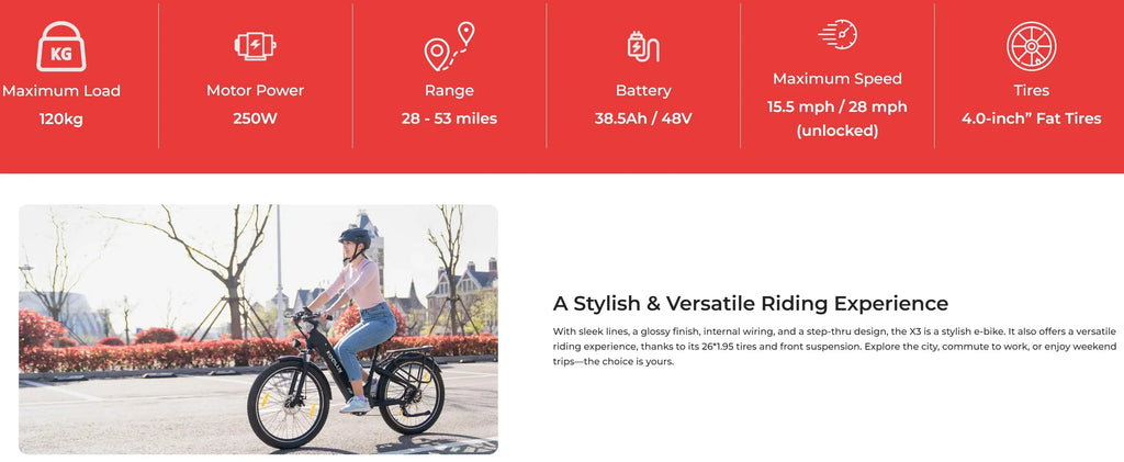 Product features of a KOOLUX X2 and X3 electric bike with specifications and a cyclist on a road on an X2 e-bike