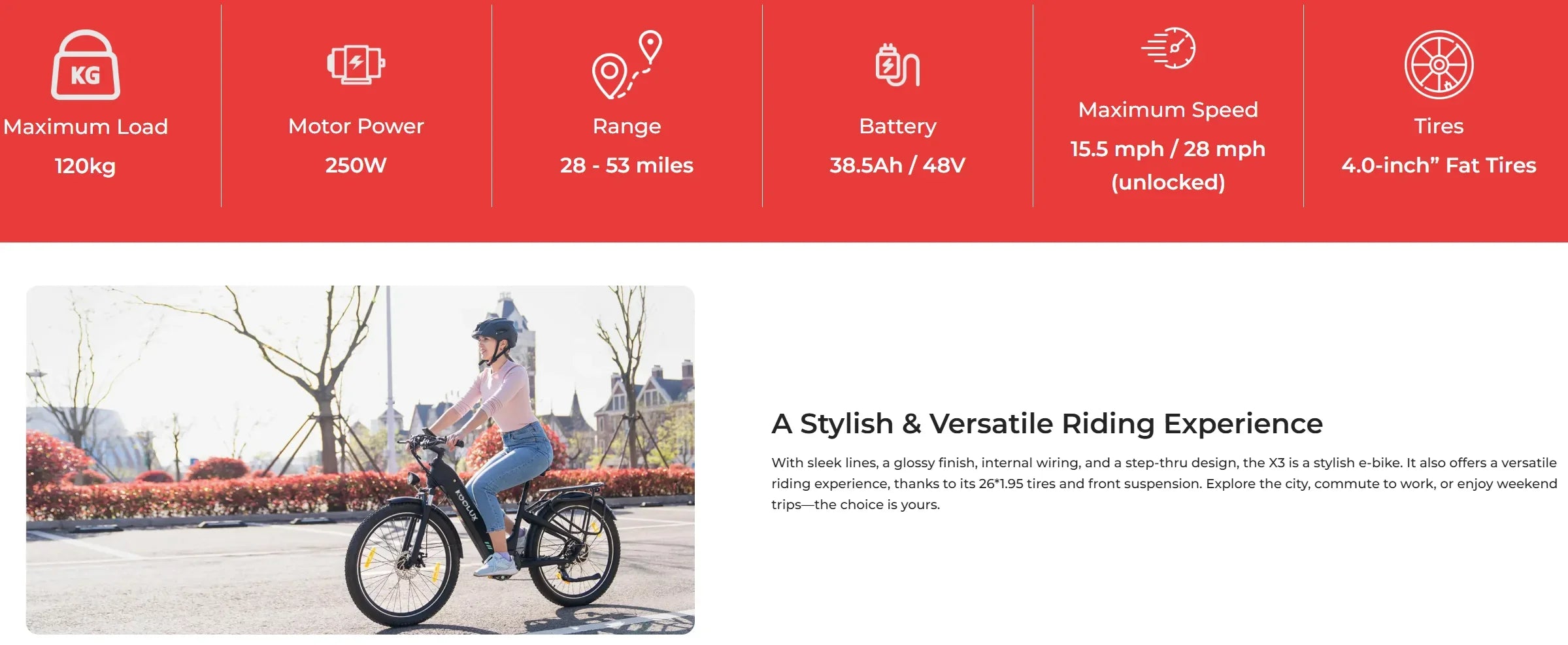 Product features of a KOOLUX X2 and X3 electric bike with specifications and a cyclist on a road on an X2 e-bike