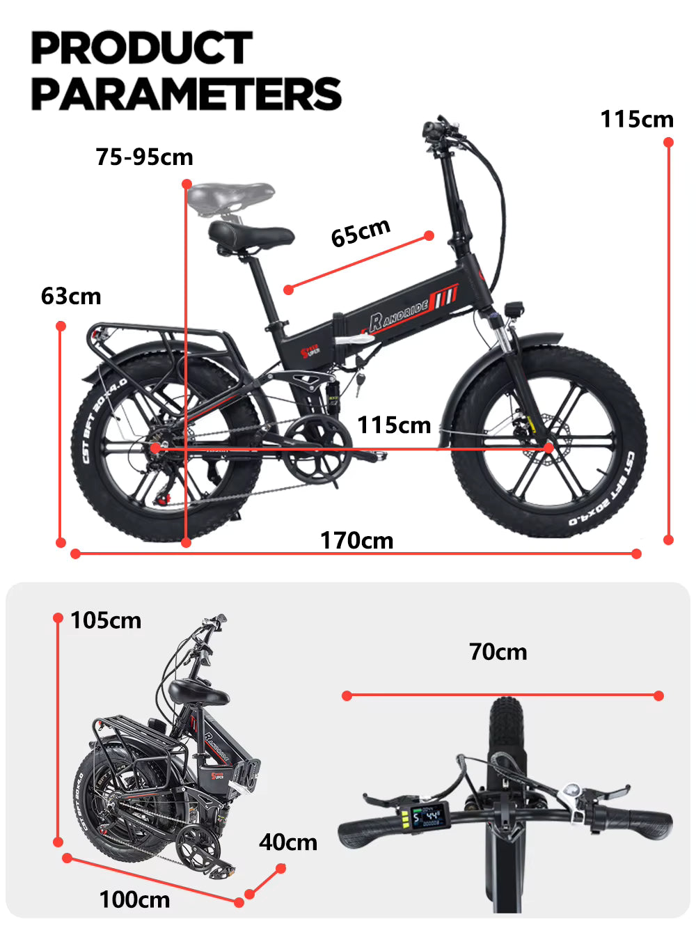 Measurement chart of a folding electric bicycle e-bike with dimensions labeled.