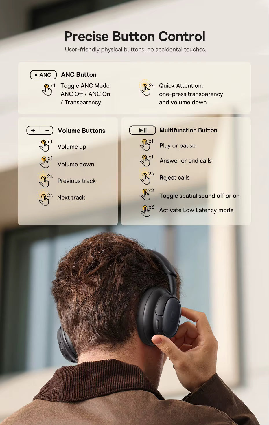 Man wearing Baseus Bowie MH1 headphones and pressing a button on the earcup, with an overlay diagram titled “Precise Button Control” showing labeled functions for ANC, volume, and multifunction buttons, highlighting user‑friendly physical controls for ANC modes, playback, calls, and spatial sound.