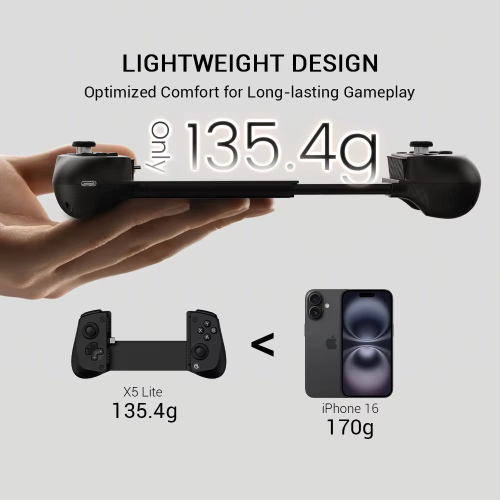 Gaming controller held in a hand with text about its lightweight design and weight comparison to an iPhone 16.