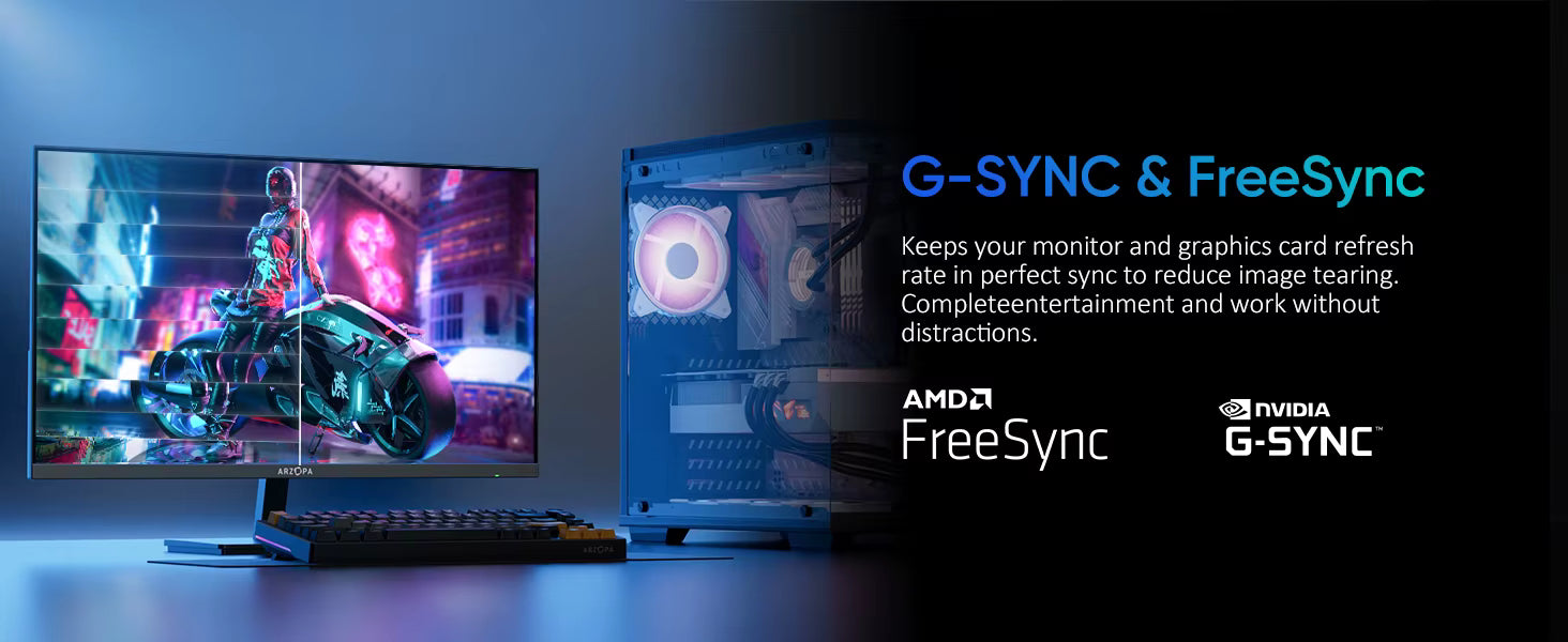 Promotional graphic for AMD FreeSync and NVIDIA G-SYNC, showing a computer monitor displaying a neon cyberpunk scene alongside a blue PC tower with a visible cooling fan. Text on the right explains the refresh-rate sync technology, with AMD FreeSync and NVIDIA G-SYNC logos at the bottom.