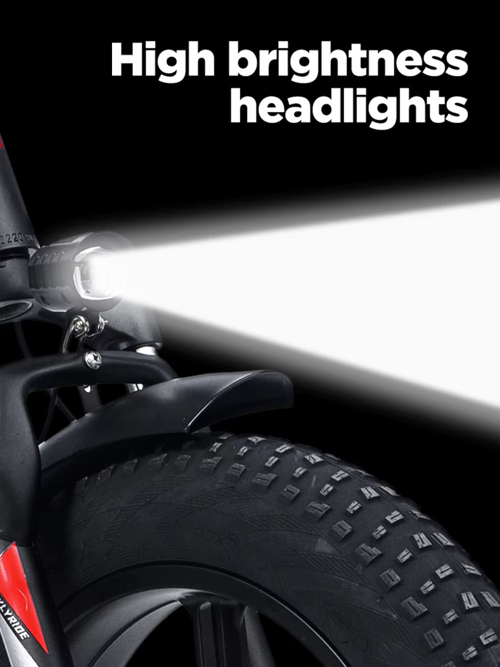 Electric Bicycle headlight with high brightness text on a black background