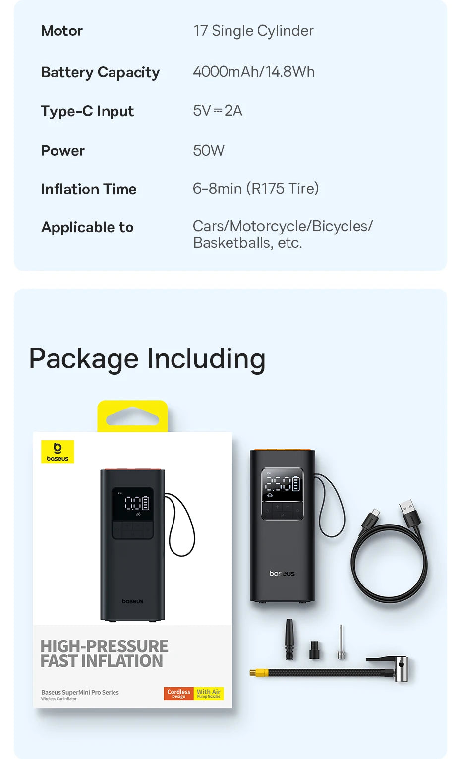 Product packaging with pump and accessories on a light blue background
