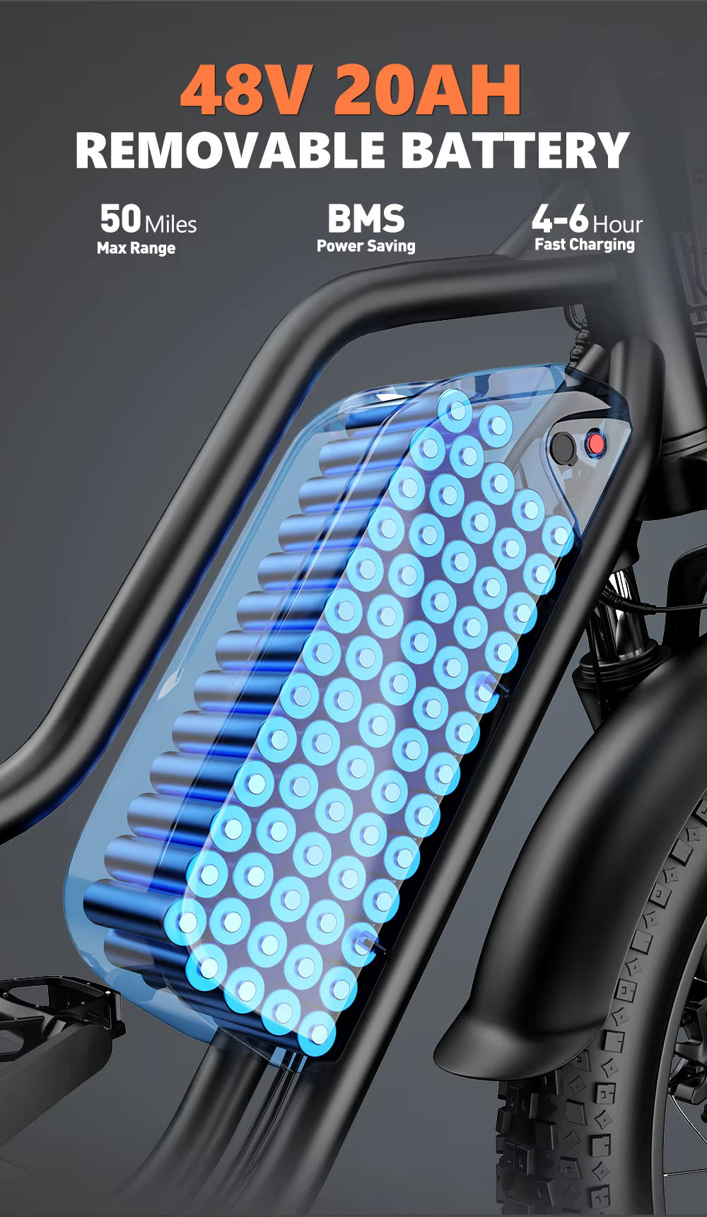 48V 20AH removable battery pack on a bike frame with specifications displayed.
