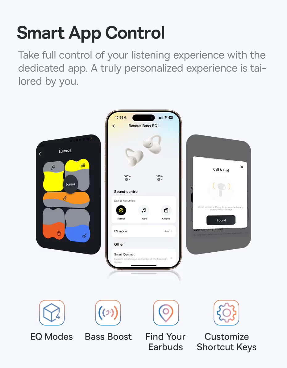 Promotional graphic for a smart app control feature, showing three smartphone mockups with different interface screens for earbud EQ and sound control, plus four feature icons labeled EQ Modes, Bass Boost, Find Your Earbuds, and Customize Shortcut Keys on a light gray background.