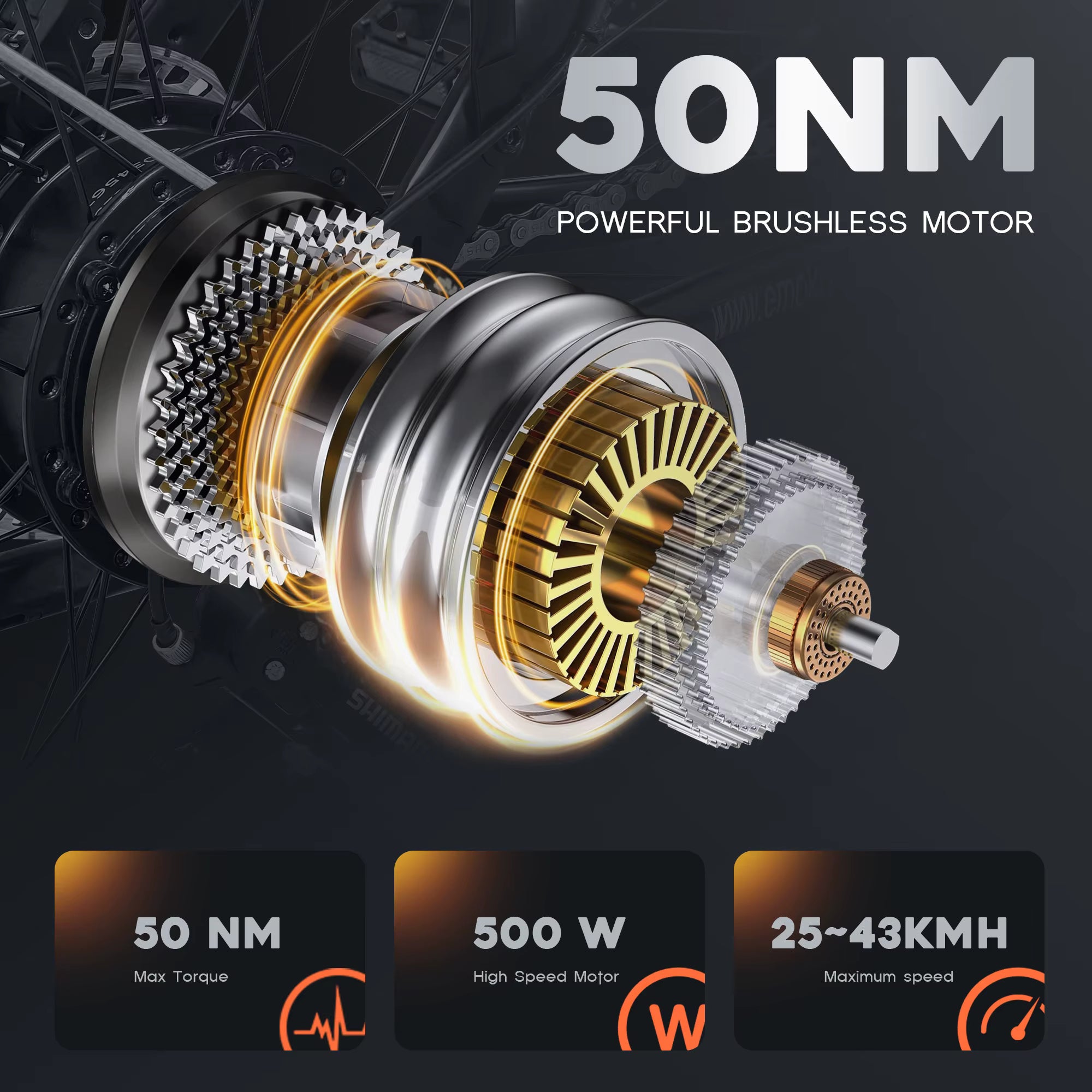 EMOKO EC27 e-bike Brushless motor with specifications on a dark background