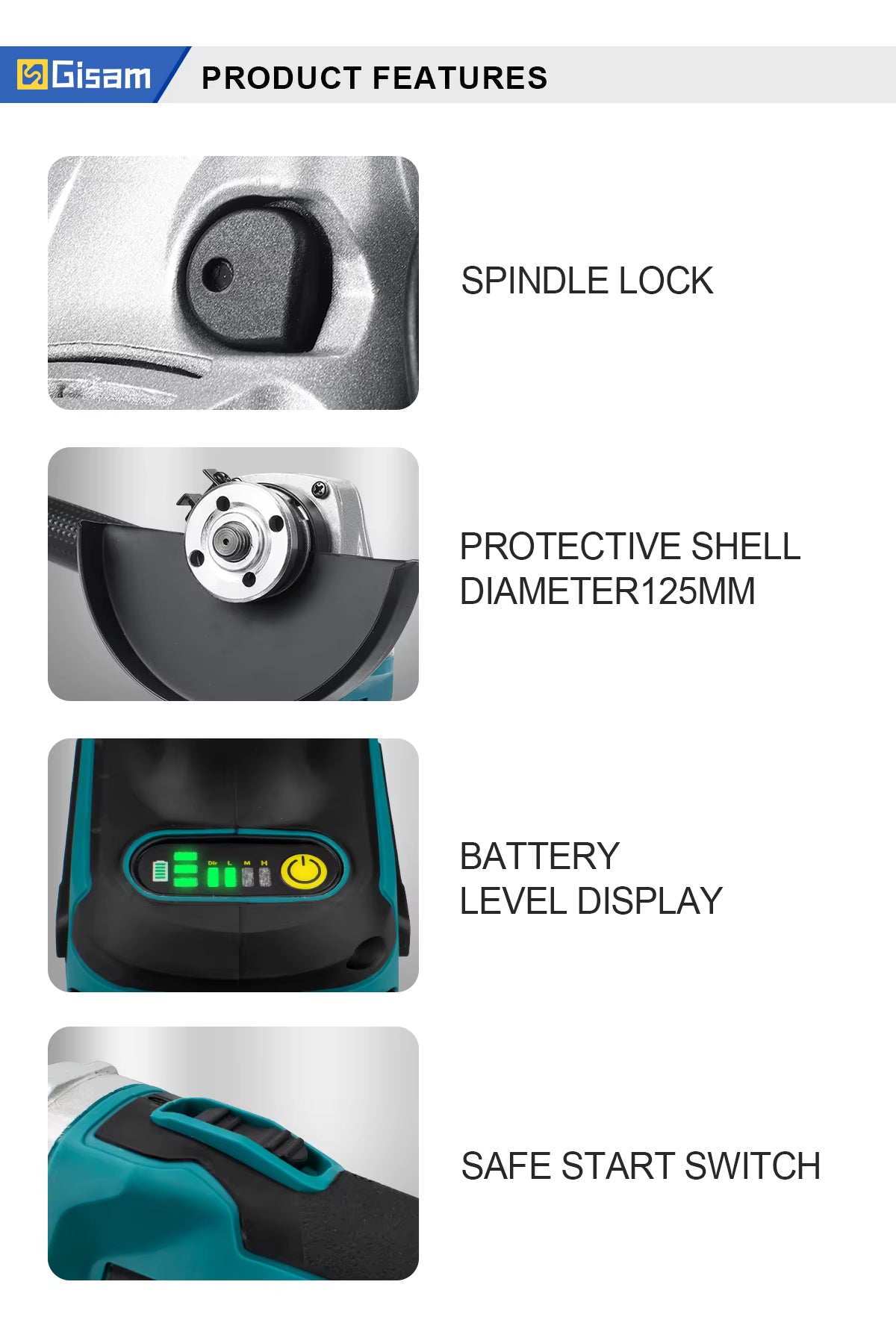Gisam 18V Brushless Electric Angle Grinder product features infographic detailing spindle lock and safety switch   