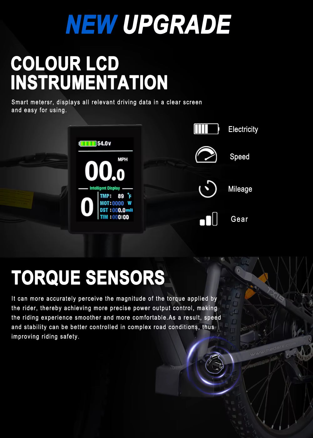 HedaTX TX19 Electric Bicycle with digital instrument display and torque sensors on a dark background