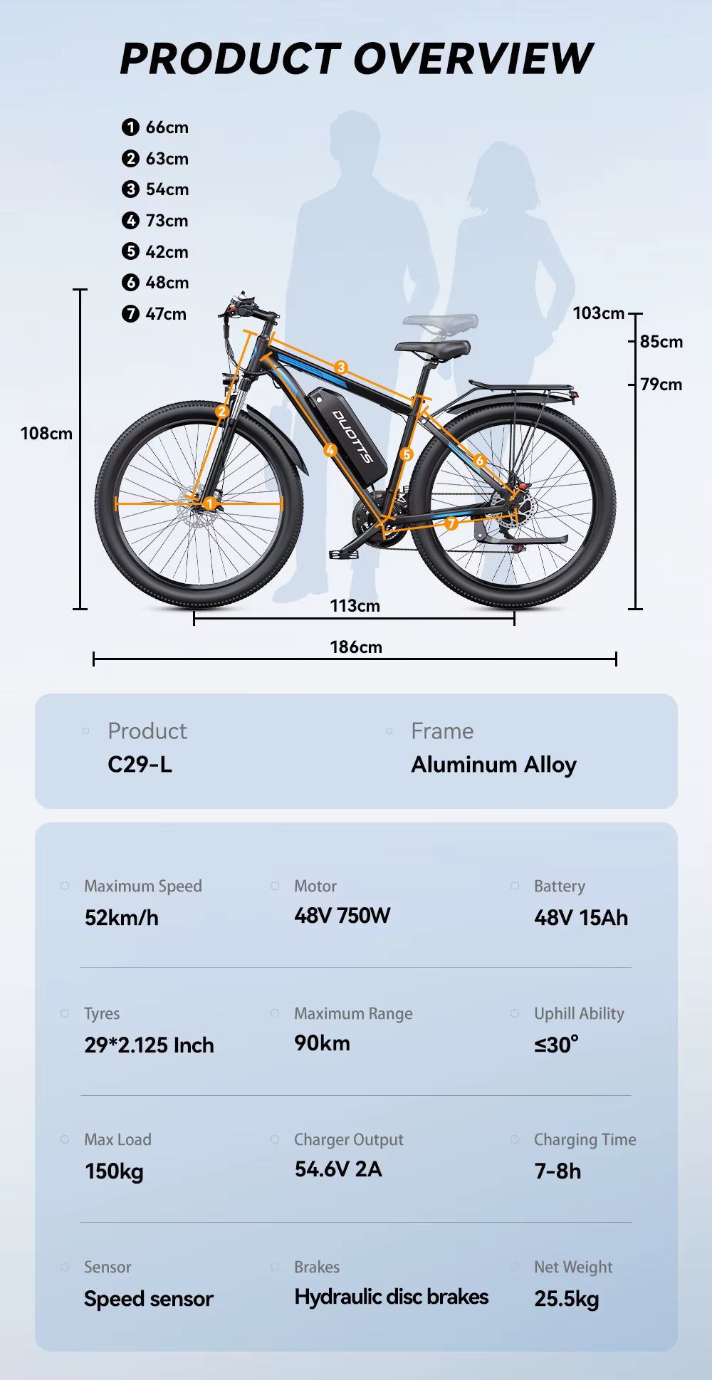 Product overview of a bicycle with dimensions and specifications.