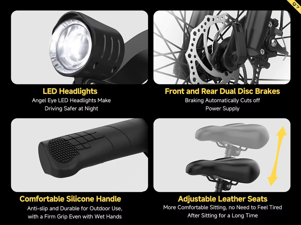 Aairsk Q7 electric bicycle parts including LED headlights, disc brakes, handle, and seat with text descriptions on a black background.
