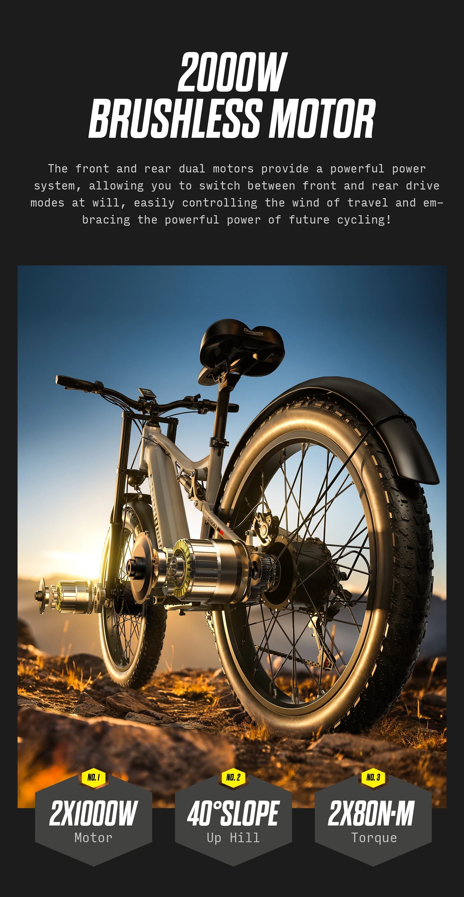 Electric bike with 2000W brushless motor against a sunset landscape