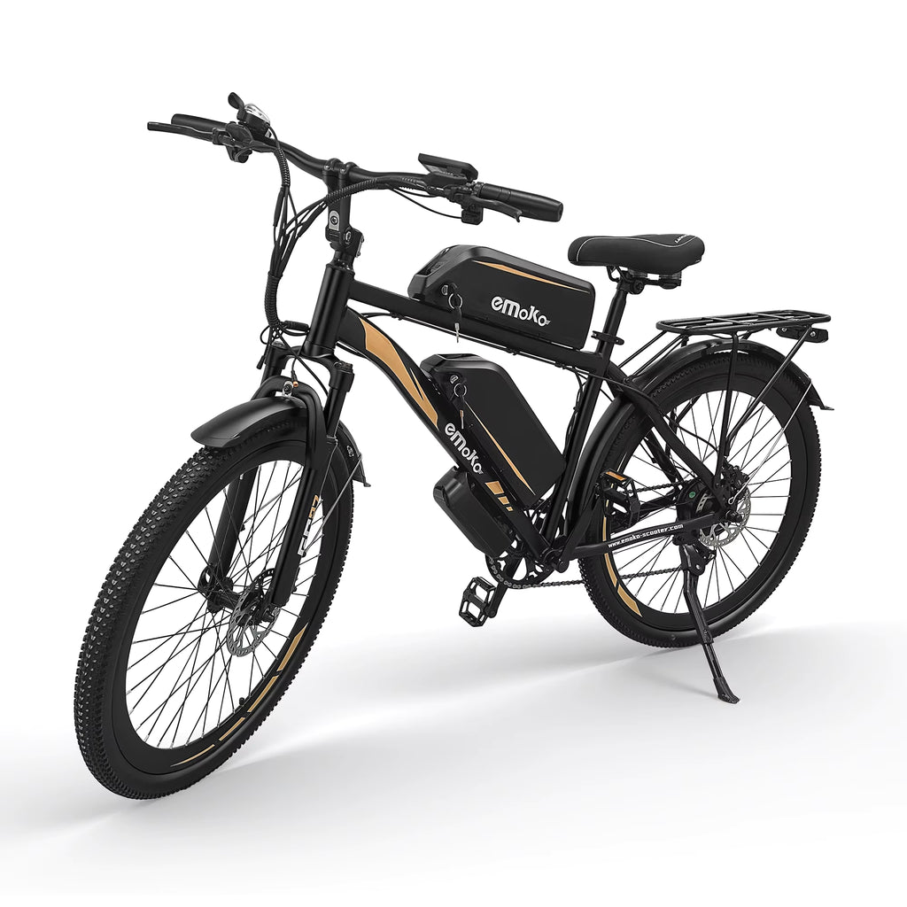 Black electric EMOKO EC27 e-bike with 'emake' branding on a white background