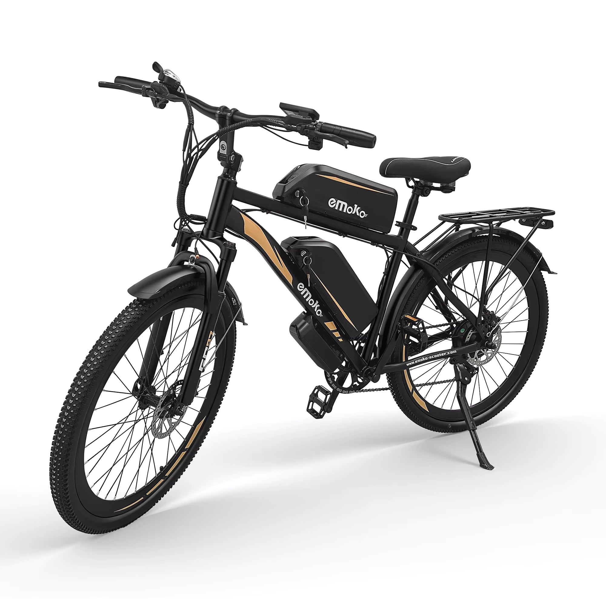 Black electric EMOKO EC27 e-bike with 'emake' branding on a white background