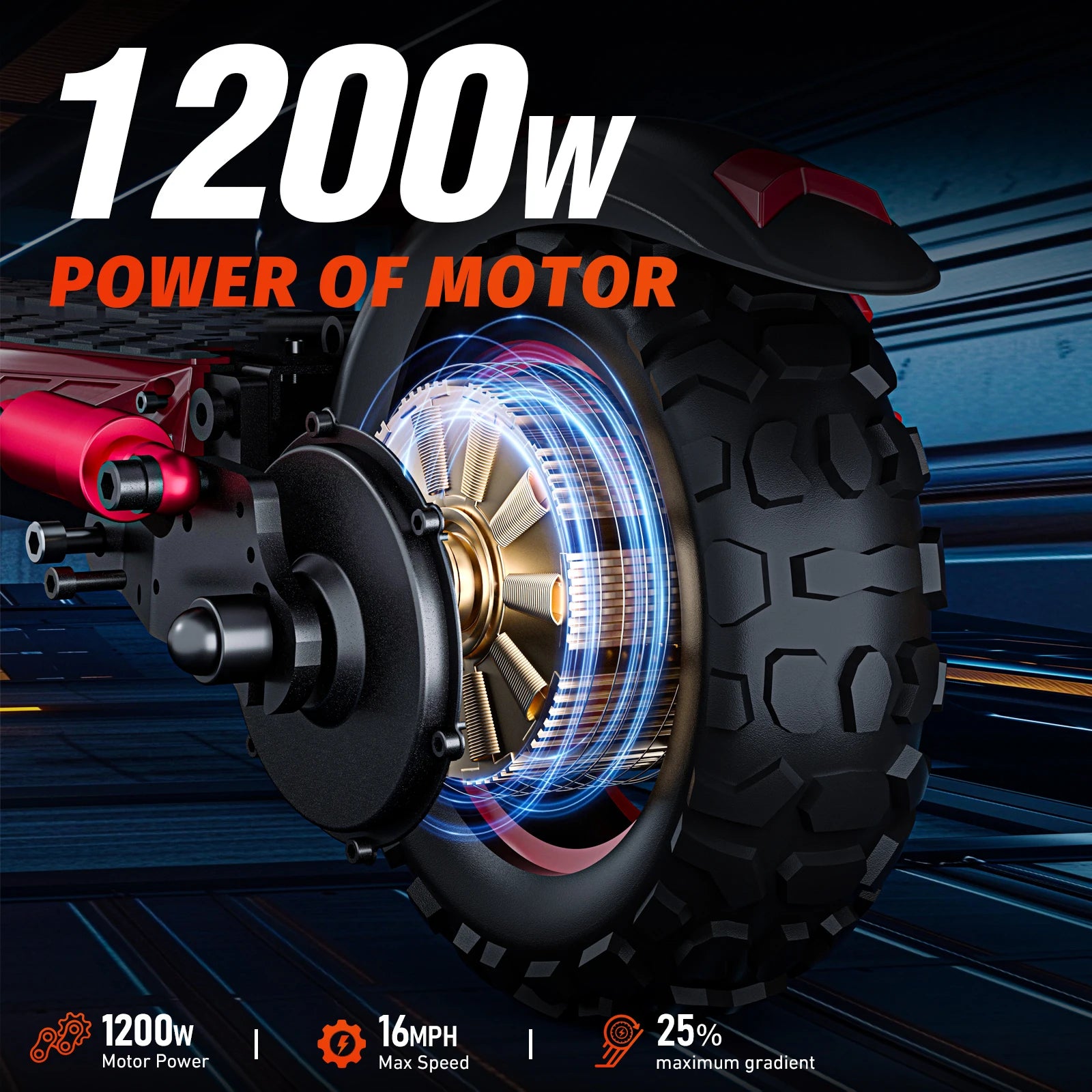 E-scooter wheel with powertrain components and text highlighting 1200W power, speed, and gradient capabilities.