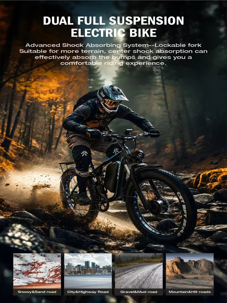 Person riding a dual full suspension  E‑BYCCO EB7 Pro electric bike through a forest on a rocky path.
