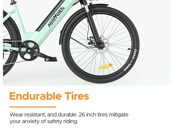 Close-up of a bicycle tire with 'HillMiles' branding on a white background.
