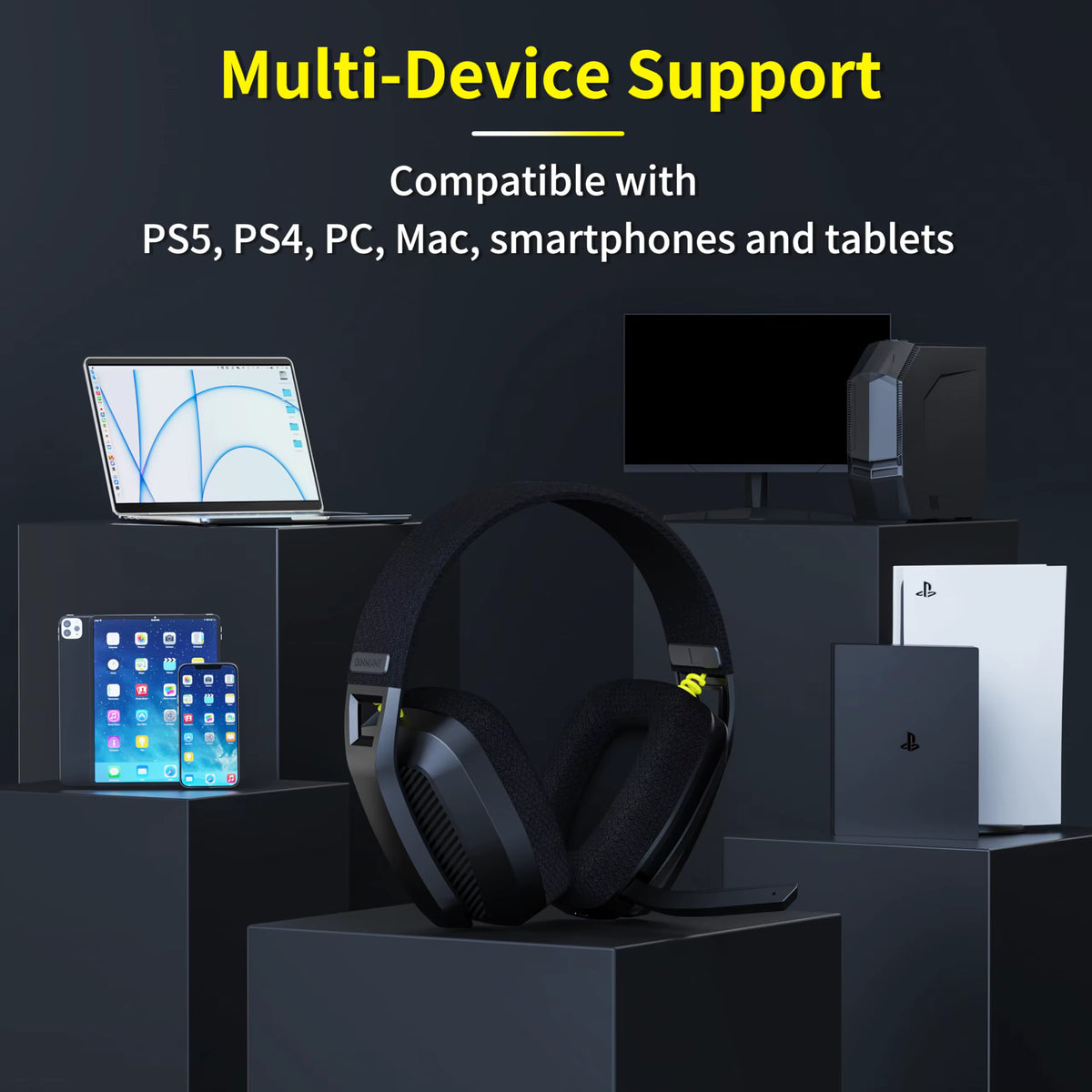 Promotional marketing graphic highlighting multi-device support compatible with PS5, PS4, PC, Mac, smartphones, and tablets