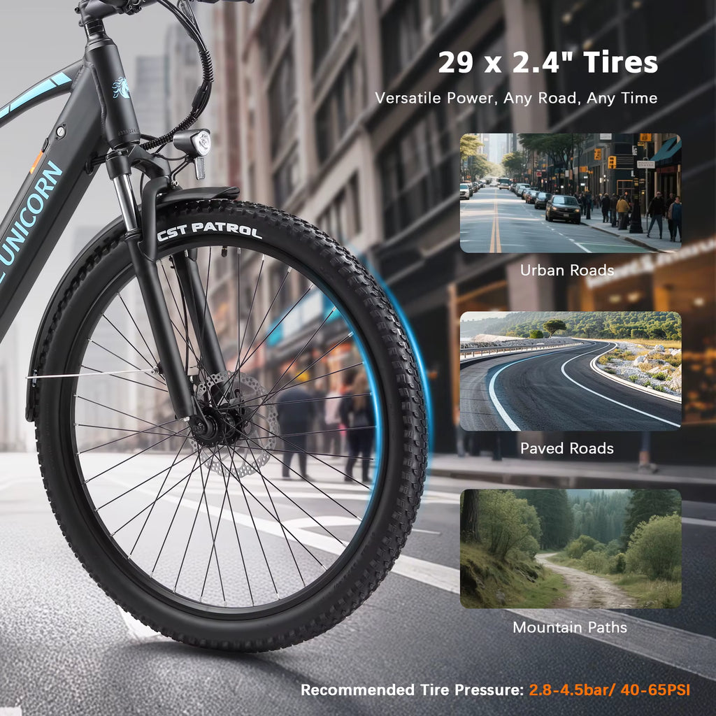 PURE UNICORN U3 Electric bike tire with text about tire size, versatility, and usage scenarios on a blurred city street background.