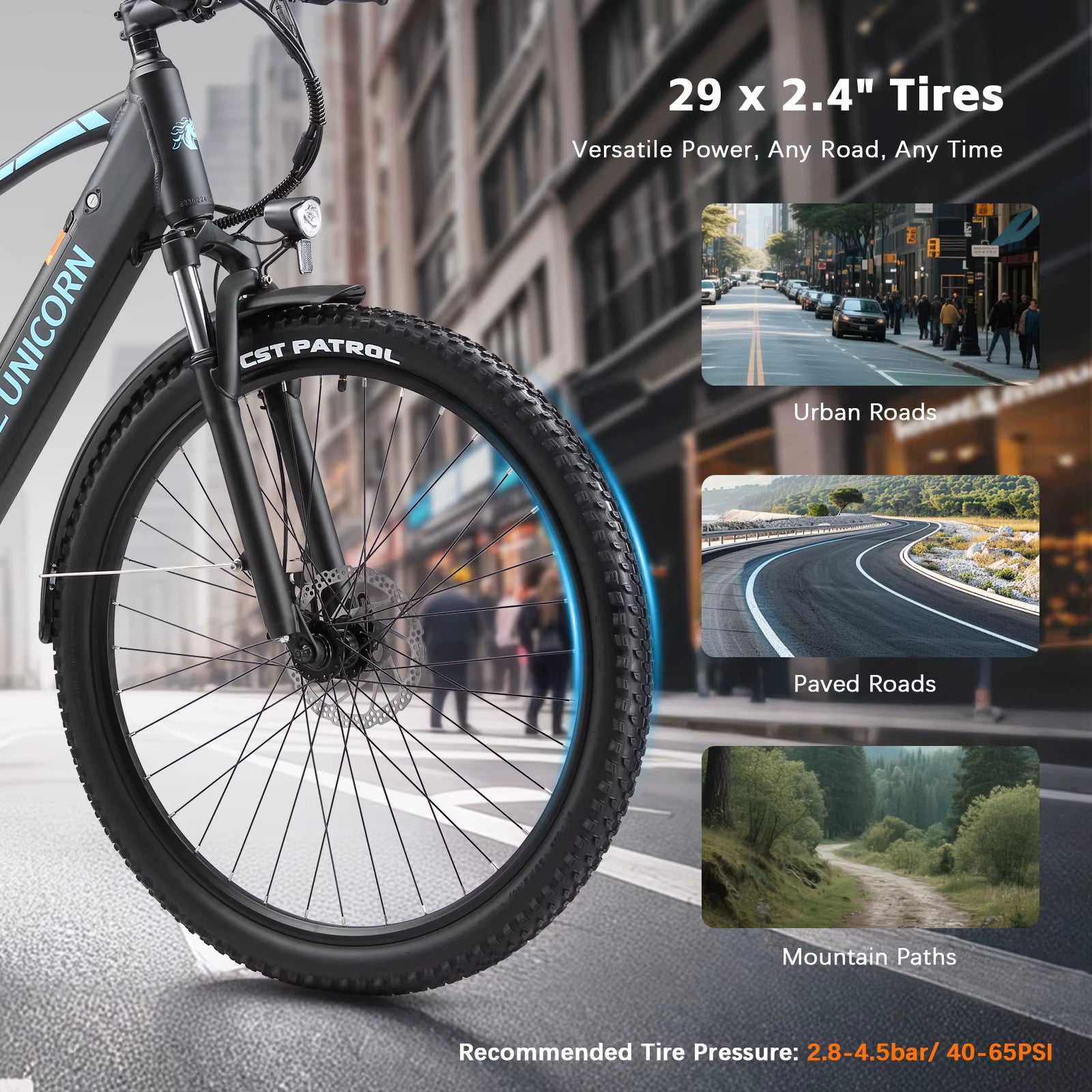 PURE UNICORN U3 Electric bike tire with text about tire size, versatility, and usage scenarios on a blurred city street background.
