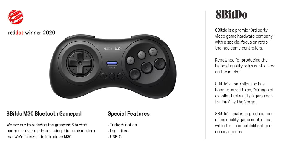 8BitDo M30 Bluetooth Controller Red Dot Award and Special Features Infographic   