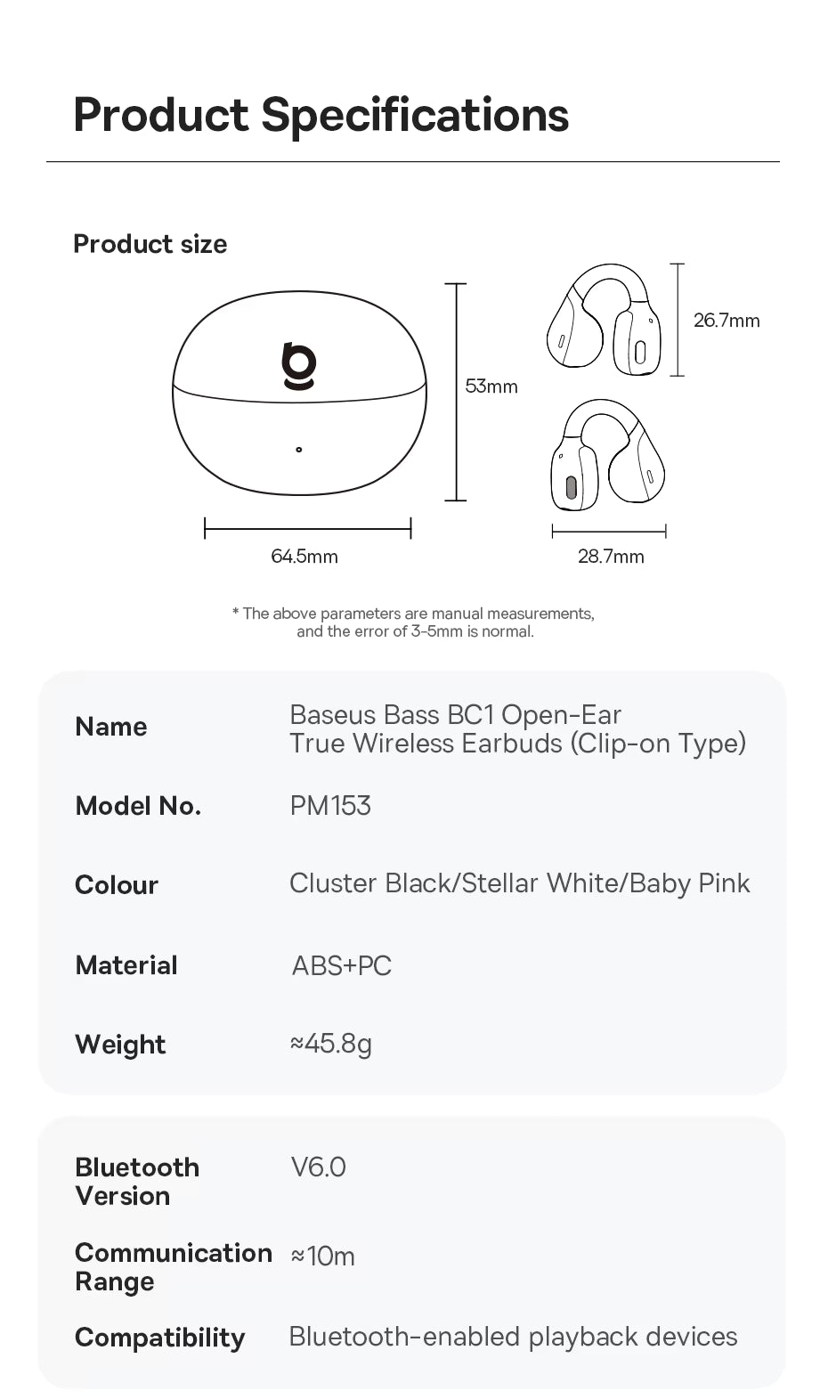 Product specifications for Baseus Bass BC1 open-ear true wireless earbuds on a white background.