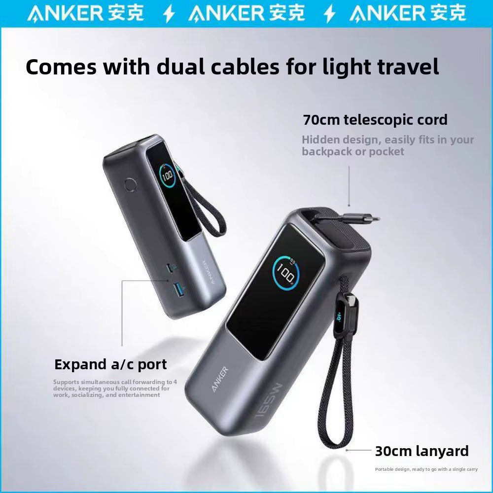 A portable power bank shown from two angles with callout text explaining features: 70cm telescopic cord, expandable a/c port, and 30cm lanyard. The product is dark gray with a black front display area and small blue accents.