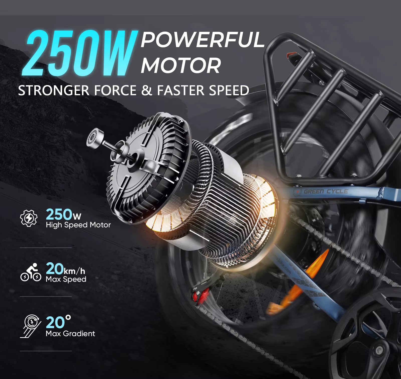 Samebike RS‑A02 PRO electric bike with 250W powerful motor txt background