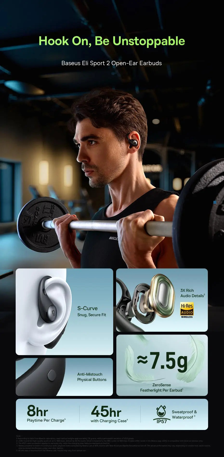Man lifting weights with earbuds, showcasing Baseus Eli Sport 2 open-ear earbuds with feature highlights.