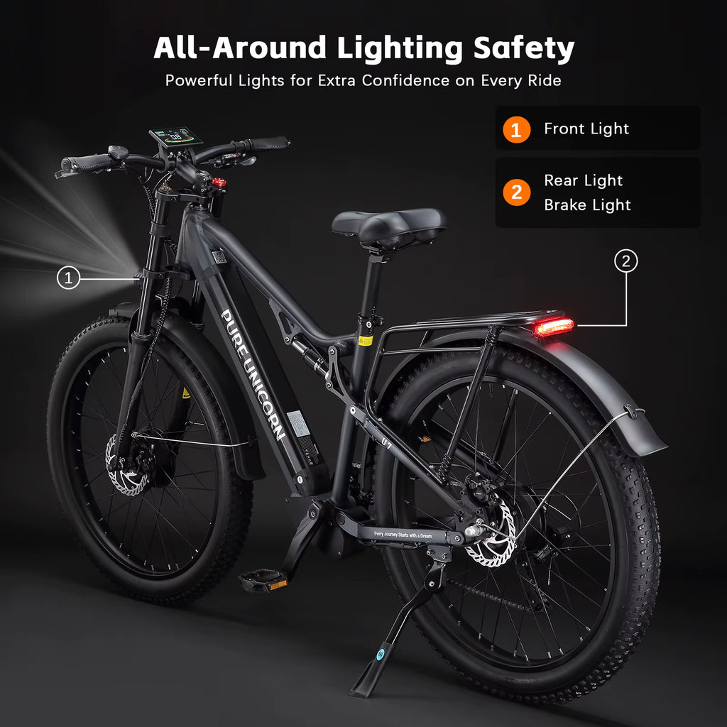PURE UNICORN U7 Electric bike with labeled lights on a dark background