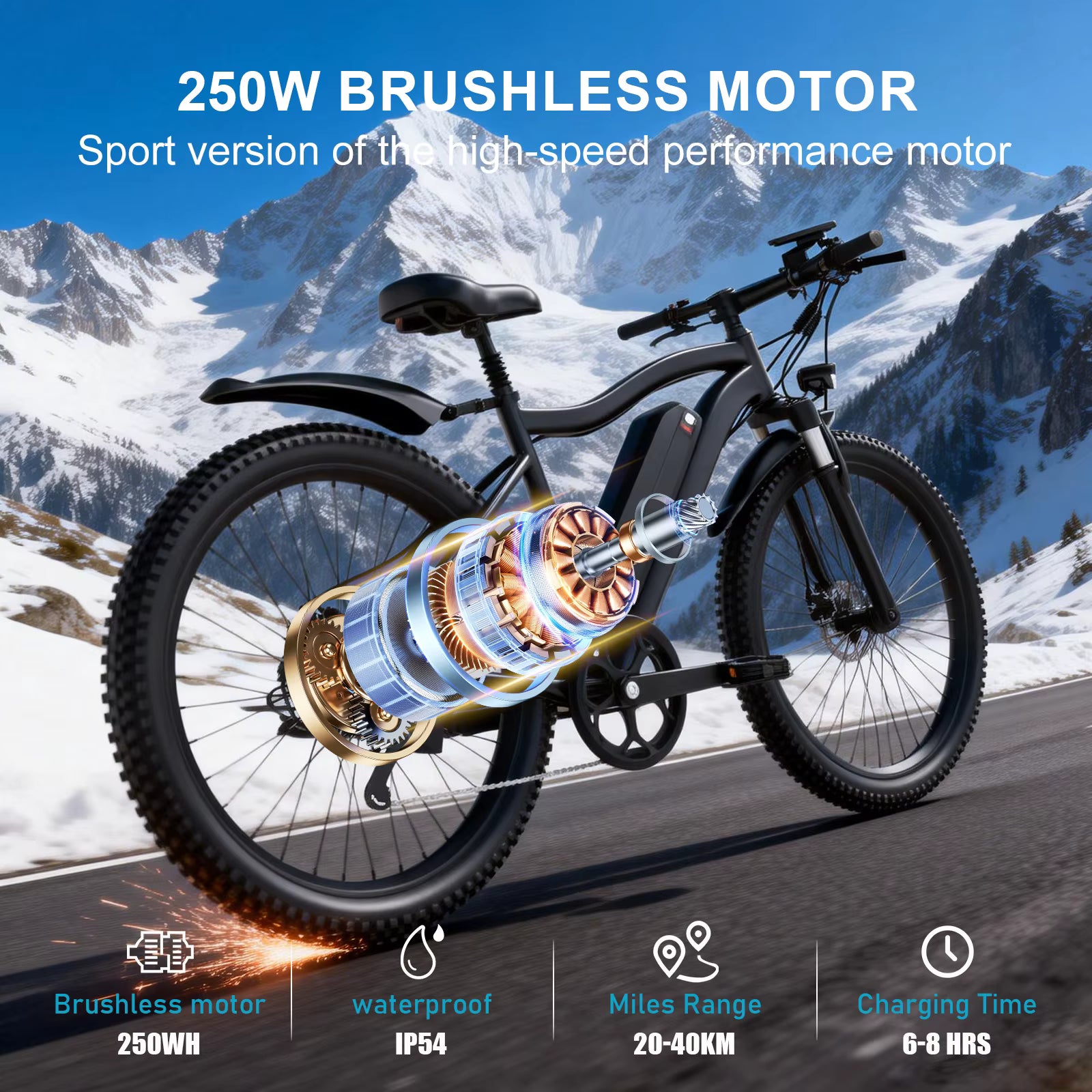 Electric bike with 250W brushless motor on a mountain road background
