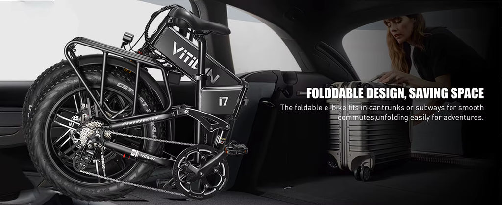 Foldable Vitilan i7 Pro 3.0 electric bike in a car trunk with text highlighting its space-saving design.
