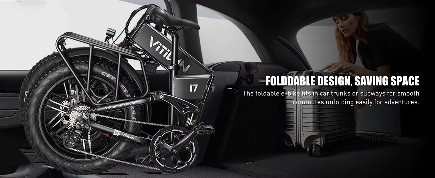 Foldable Vitilan i7 Pro 3.0 electric bike in a car trunk with text highlighting its space-saving design.