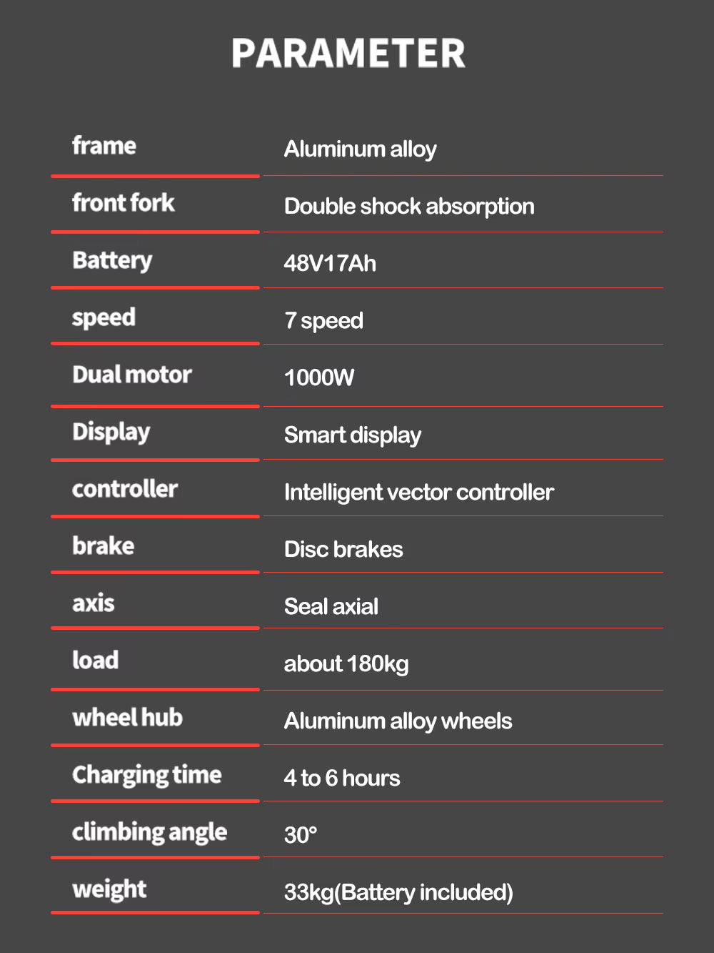 Parameter TXT on a black background for this e-bike electric bike